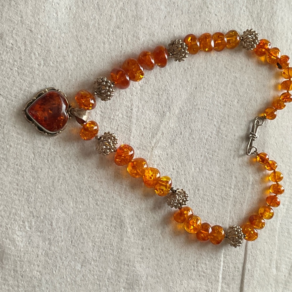 VINTAGE Real Amber Beaded Necklace with Silver